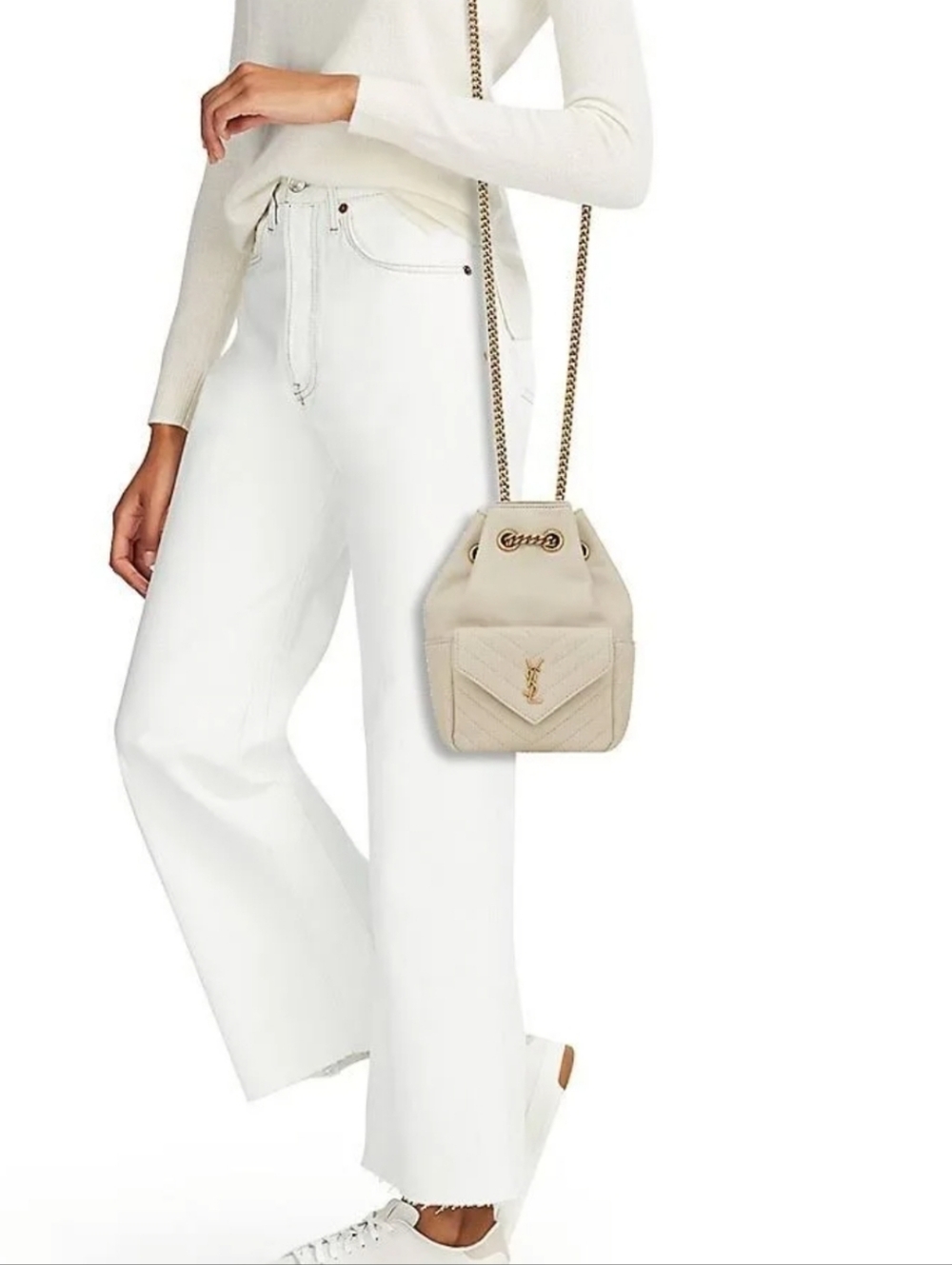 Saint Laurent Cream Quilted Mini Drawstring Bag with Gold Chain Strap - Picture 7 of 7